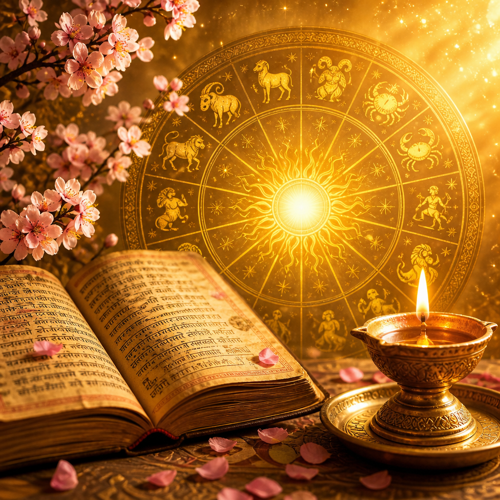 Vedic astrology manuscript with diya and zodiac wheel