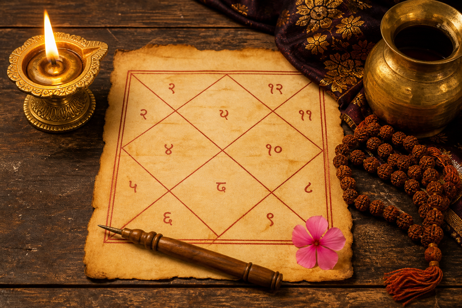 North Indian Kundali chart with diya and rudraksha