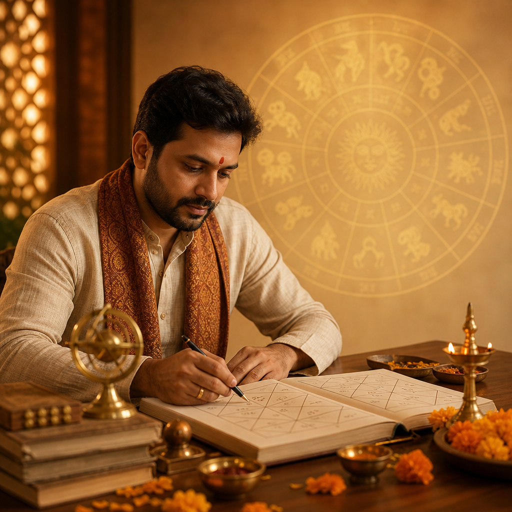 Vedic astrology consultation with kundali chart and diya