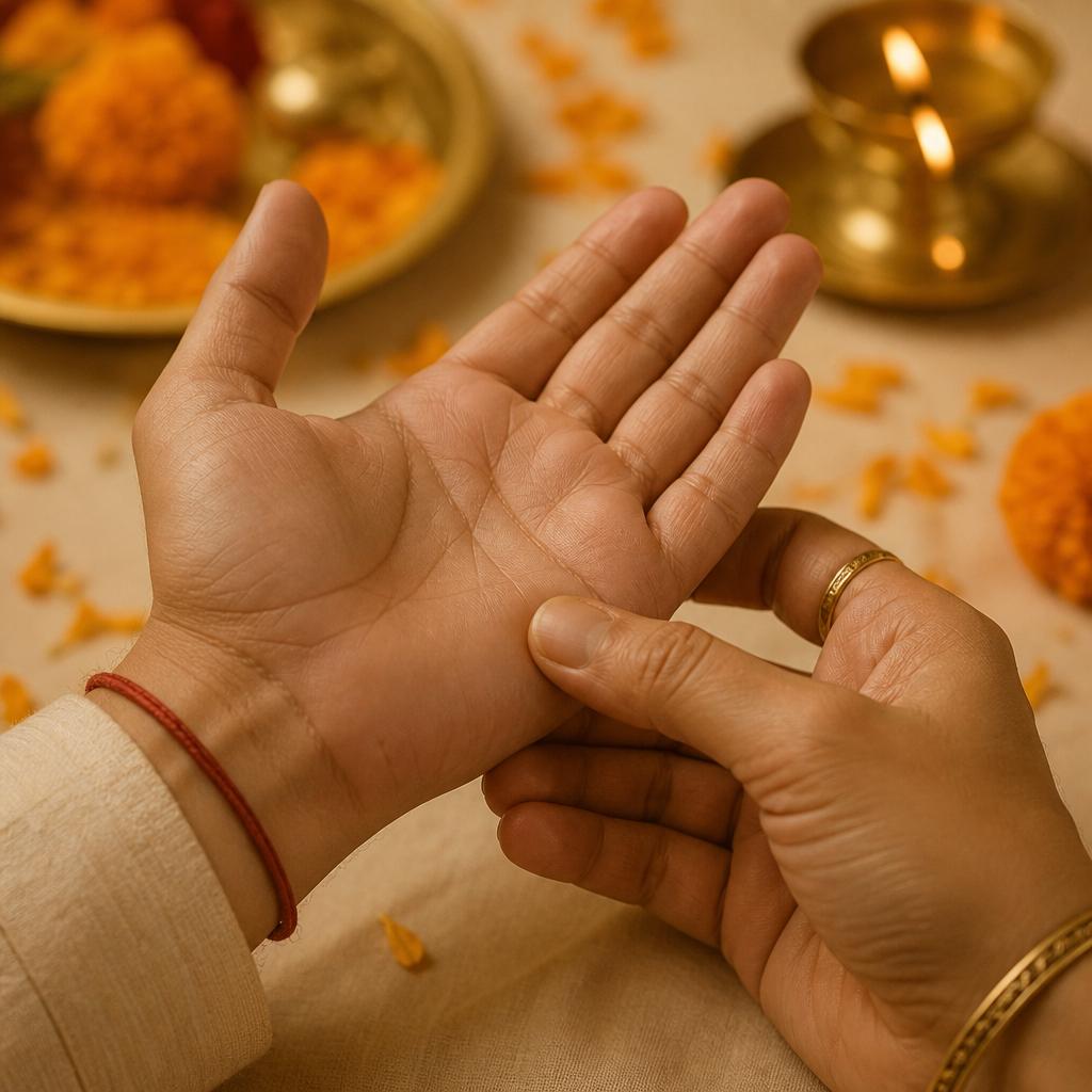 Palm reading with warm Indian spiritual atmosphere