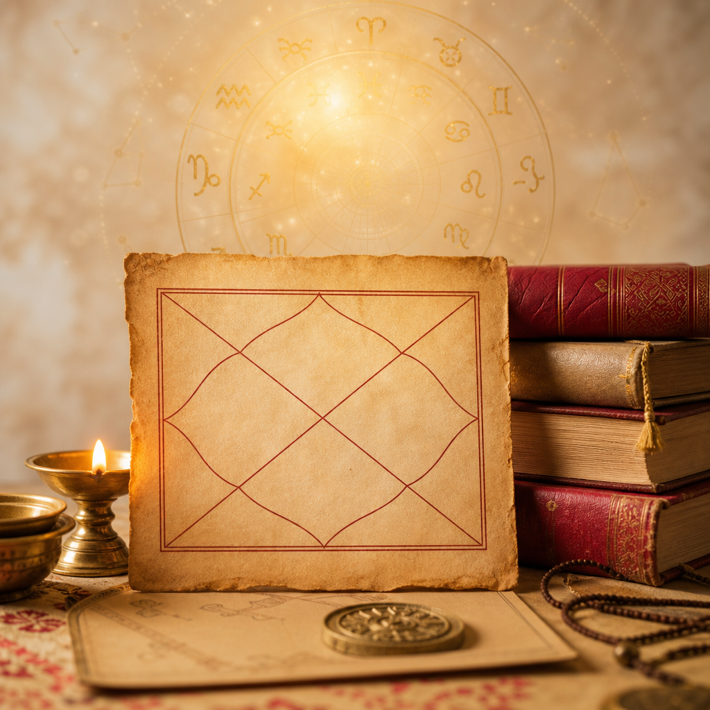 Vedic kundali chart with diya and astrology books