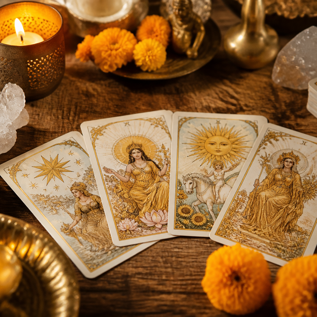 Elegant tarot cards with candles in warm golden light