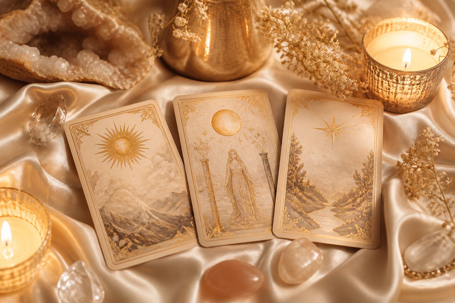 Tarot cards with candles and crystals